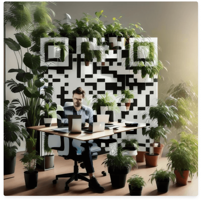 A man is sitting at the table with laptop on an office chair, face towards camera. Office interior with lots of plants behind him. Vector illustration, hard edges, calm color palette