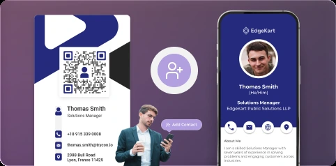 Employee business card with a vCard QR Code being added to a colleague's contacts