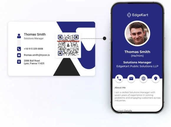 Business card with a vCard QR Code next to a phone displaying the scanned contact's digital profile