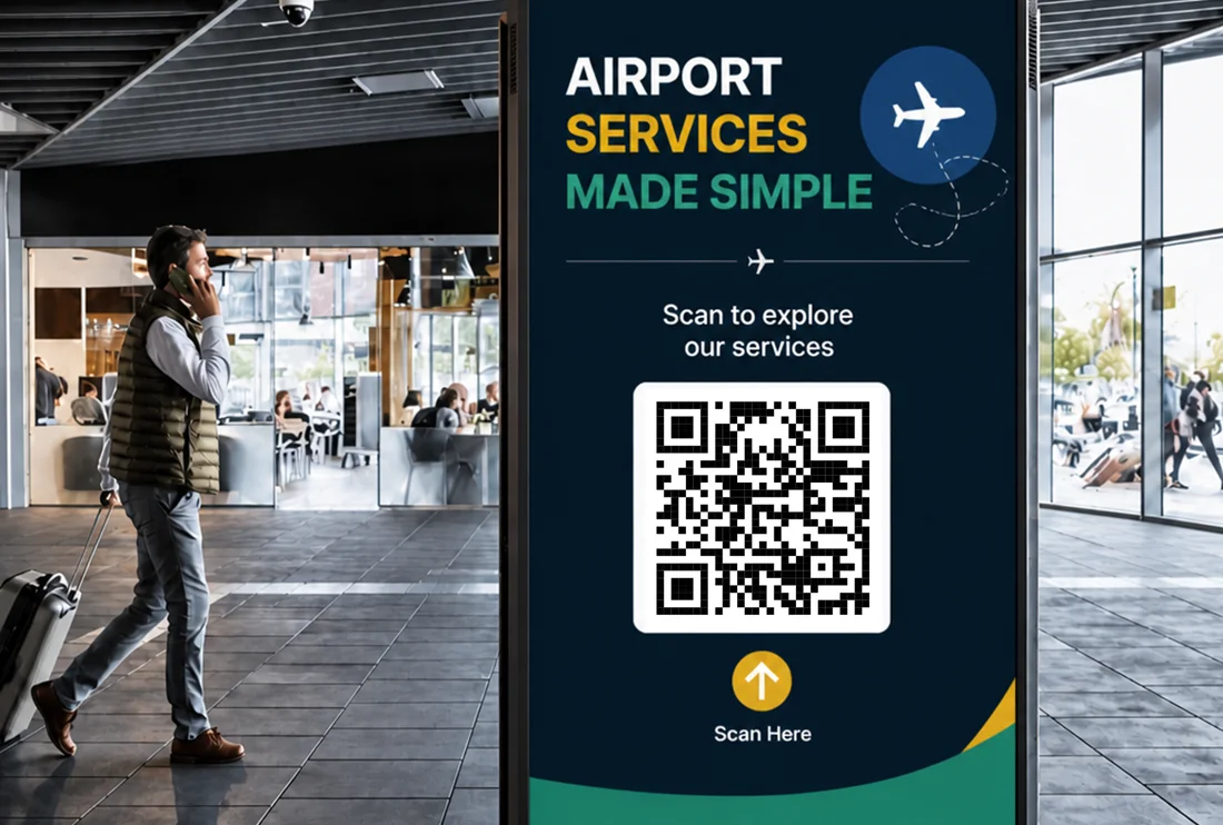 Airport lounge using Scanova QR Codes for access, table ordering, and app downloads.