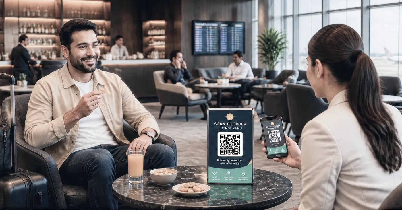 Two travelers at a marble table in an airport lounge; one scans a Scan to Order lounge menu QR Code table tent with her phone