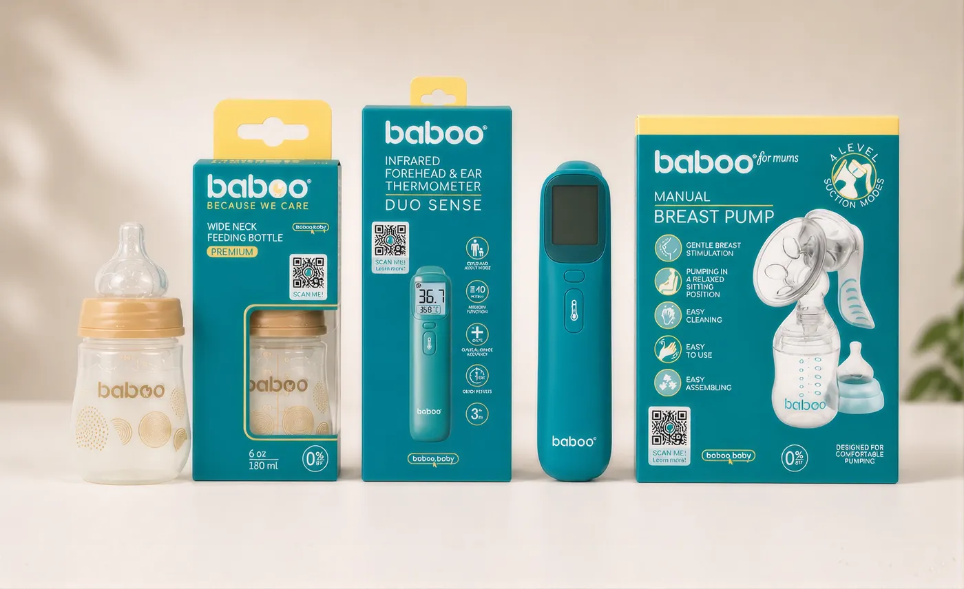 Baboo product range — feeding bottle, Duo Sense infrared thermometer, and manual breast pump — with a Scanova QR Code on each pack