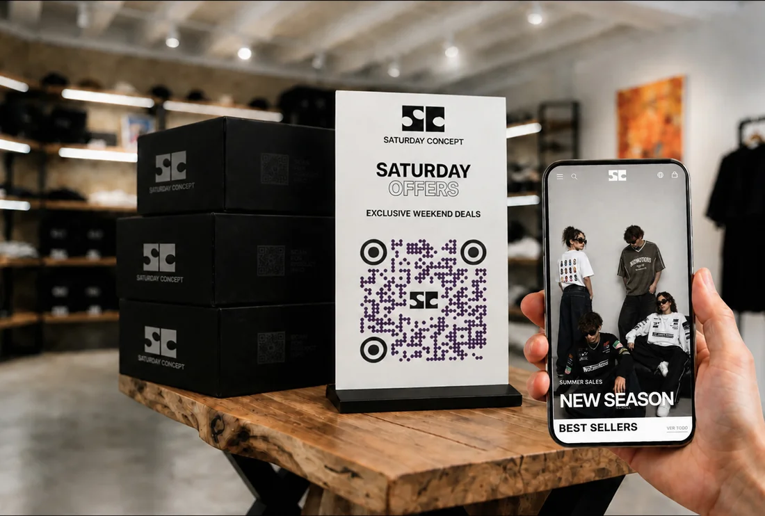 Saturday Concept campaign showing Scanova’s custom-designed QR Codes on print and packaging.