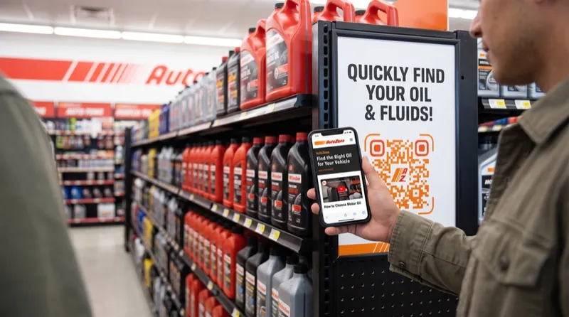 An AutoZone shelf-edge sign with a QR Code, next to a phone showing product guidance video