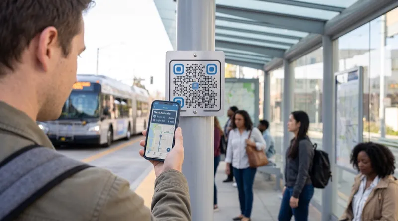 A commuter scanning a QR Code at a DART transit stop to view real-time bus arrivals