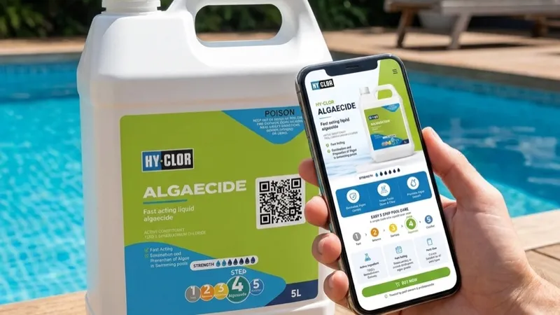Hy-Clor pool chemical bottle with a QR Code on its label, next to a phone showing the product info page