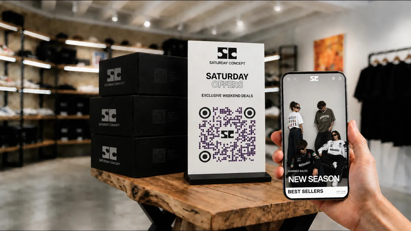 A Saturday Concept standee with a branded Scanova QR Code and 'Saturday Offers' promo copy, next to stacked Saturday Concept product boxes each printed with the brand logo and its own QR Code, and a phone showing the Saturday Concept mobile website's New Season and Best Sellers page