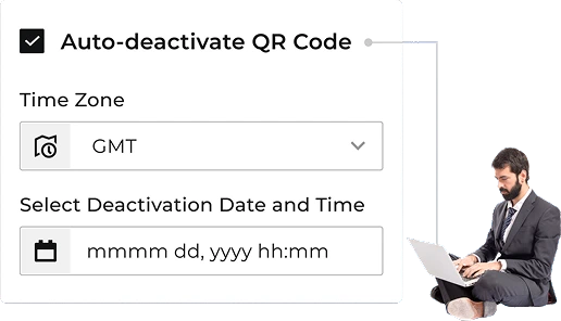 An Auto-deactivate QR Code panel with a Time Zone dropdown and a Select Deactivation Date and Time field