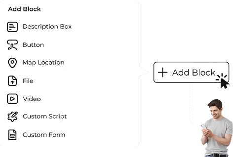 An Add Block menu showing Description Box, Button, Map Location, File, Video, Custom Script, and Custom Form options