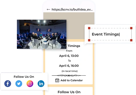 A phone showing an editable event landing page with a conference photo and Event Timings field