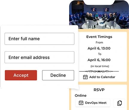 A phone showing an event landing page with an RSVP block, next to an Accept or Decline card