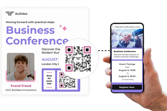 A hand holding a phone that displays a Business Conference event landing page after scanning the poster's QR Code