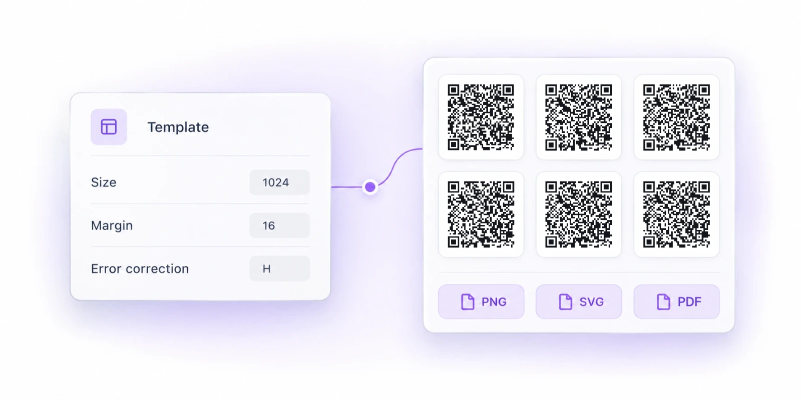 One template applied to six matching QR Codes, exported as PNG, SVG or PDF