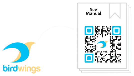 El logotipo de la marca Birdwings junto a un marco de código QR diseñado con los propios colores y logotipo de la marca.