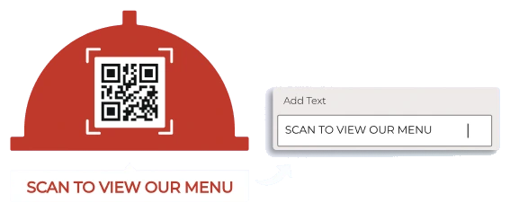 Un código QR redondo enmarcado bajo un icono de cúpula roja, con un cuadro de texto de llamado a la acción que dice 'Escanea para Ver Nuestro Menú' siendo agregado.