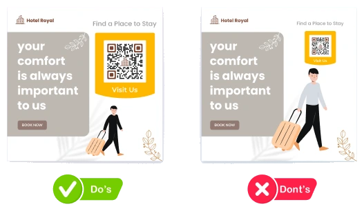 Un anuncio de valla publicitaria de hotel con un código QR de tamaño adecuado que dice 'Visítanos' marcado como una buena práctica de diseño, junto a una versión con un código QR demasiado pequeño y difícil de escanear marcada como una mala práctica de diseño.