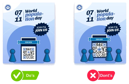 Dos carteles del Día Mundial de la Población lado a lado: uno con espacio en blanco claro alrededor de su código QR (marcado como buena práctica) y otro con un código QR saturado y recargado (marcado como mala práctica).