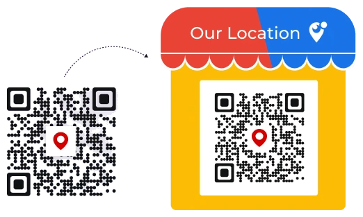 Un código QR sencillo con un pin de ubicación, junto al mismo código QR rodeado por un marco decorativo con forma de toldo de tienda que dice 'Nuestra Ubicación'.