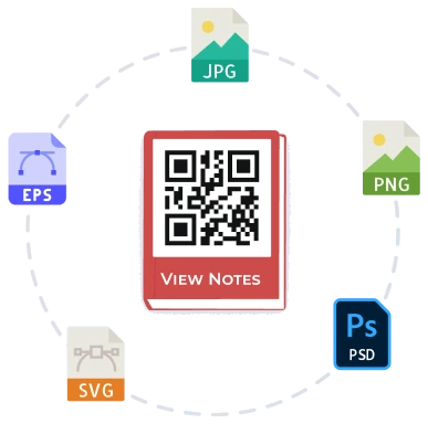 Un código QR con marco rodeado por iconos de los formatos de archivo JPG, PNG, EPS, SVG y PSD, que muestra las opciones de exportación en alta resolución.