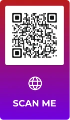 Ejemplo de un código QR con una colorida plantilla de marco 'ESCANÉAME'.