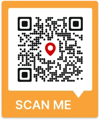 Ejemplo de una atractiva plantilla de marco de código QR naranja 'Escanéame'.