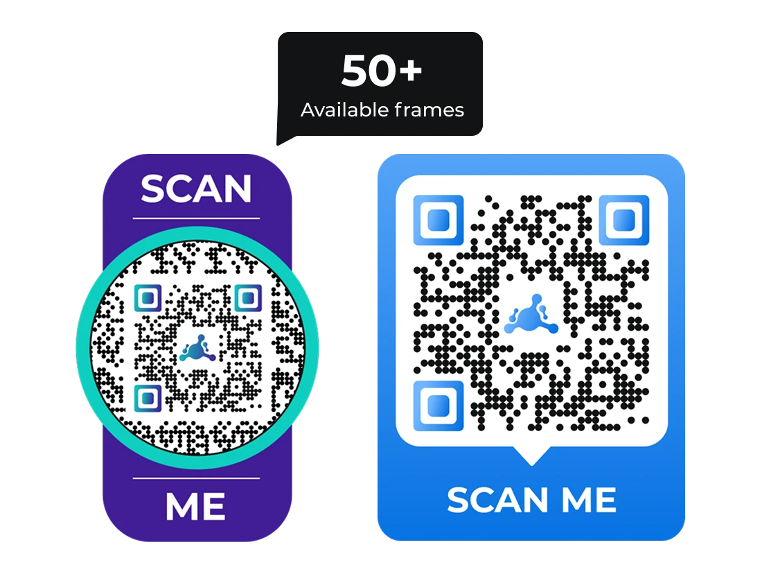 Ejemplos de marcos de código QR 'Escanéame' en morado y azul, que muestran la biblioteca de Scanova con más de 50 plantillas de marcos de código QR disponibles.