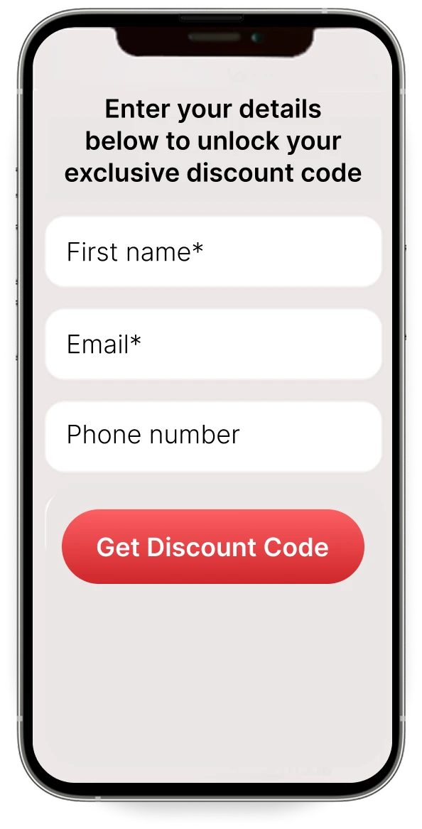 Un téléphone affichant un formulaire de capture de lead demandant nom, e-mail et numéro de téléphone pour débloquer un code de réduction
