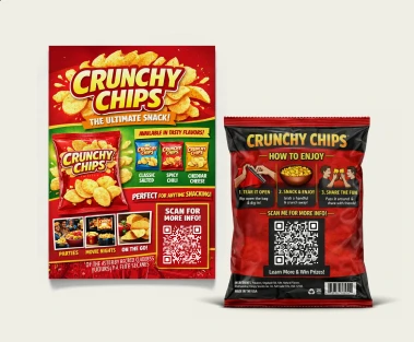 Caja y bolsa de empaque del producto Crunchy Chips, ambas con un código QR transparente.
