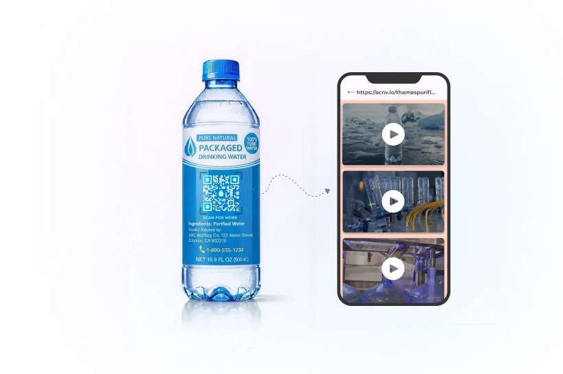 Botella con una etiqueta de código QR transparente que enlaza a una landing page móvil
