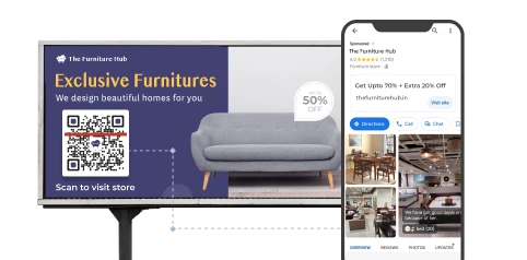 Affiche publicitaire sur panneau avec code QR Google Maps orientant les clients vers un magasin de mobilier