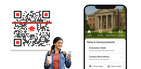 Un étudiant scannant un code QR Google Maps lors d'une visite de campus pour accéder aux informations sur les infrastructures