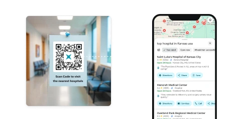 Signalétique dans le couloir d'un centre hospitalier avec un code QR Google Maps guidant les visiteurs vers les services