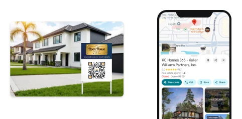 Panneau immobilier extérieur avec un code QR Google Maps renvoyant directement à l'adresse du bien proposé