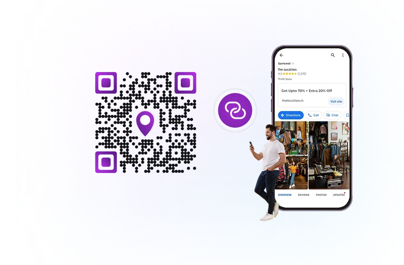Code QR menant à un emplacement Google Maps, présenté à côté d'un smartphone affichant la fiche de l'établissement