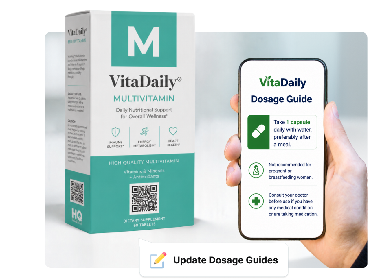 Medicine pack QR Code linking to VitaDaily digital dosage guide on smartphone via Scanova ePIL