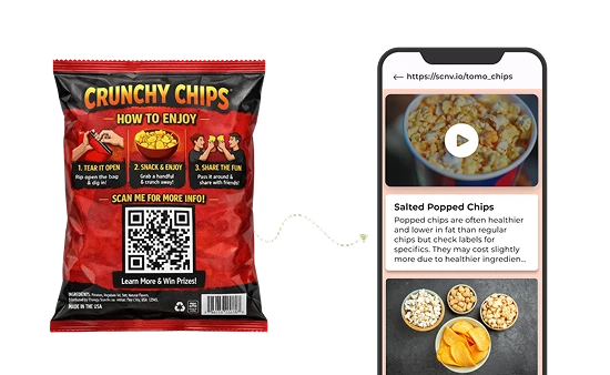 A Crunchy Chips packet with a QR Code next to a phone showing a Salted Popped Chips product page