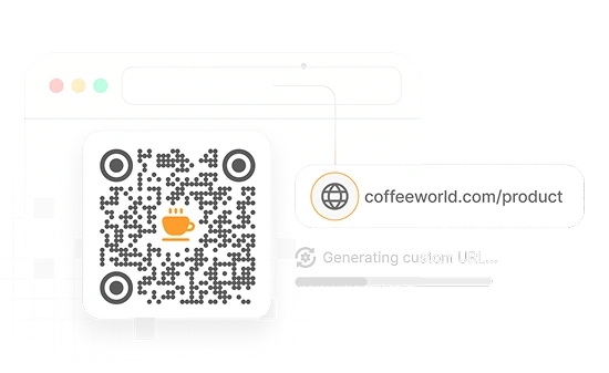 A browser window showing a QR Code with a coffee icon next to a coffeeworld.com/product custom URL being generated