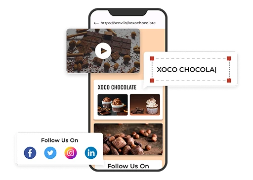A phone showing an editable chocolate product landing page with a live text-edit overlay