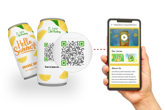 A hand holding a phone displaying a juice landing page after scanning the QR Code printed on the product cans