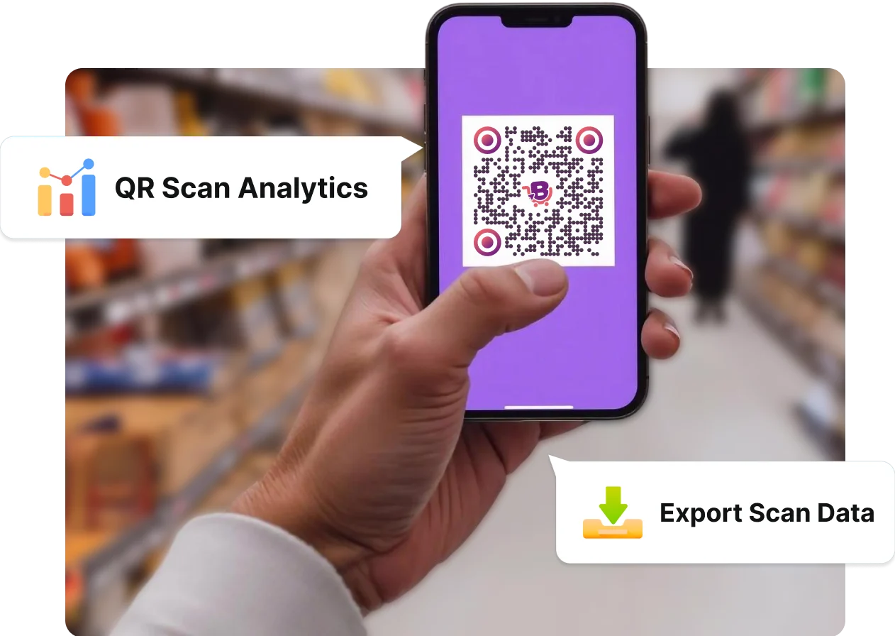 Shopper scanning retail shelf QR Code with Scanova QR scan analytics and export scan data by store location
