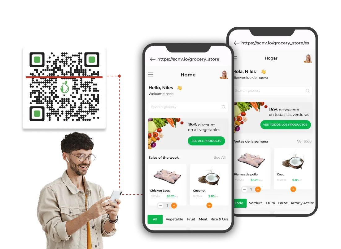 Shopper scanning retail QR Code redirected to English or Spanish grocery store page via Scanova conditional redirection