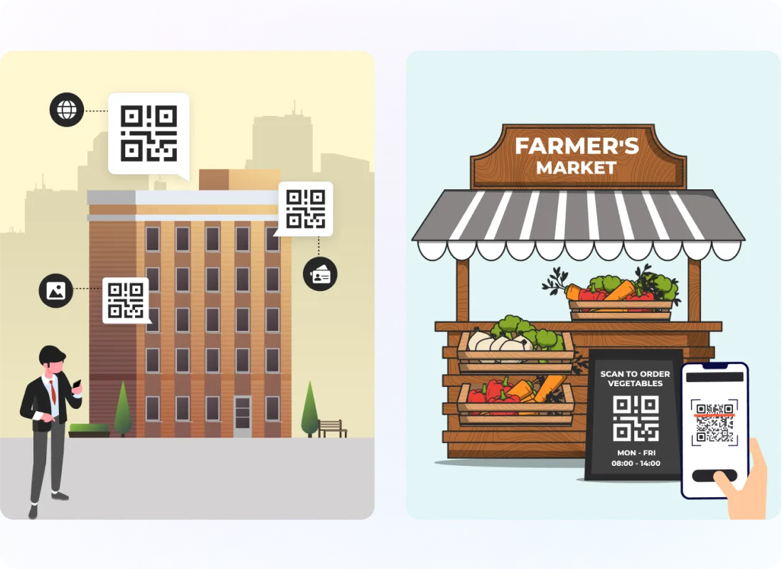 Illustrations of bulk location-specific QR Codes deployed across retail building floors and a farmer's market stall via Scanova