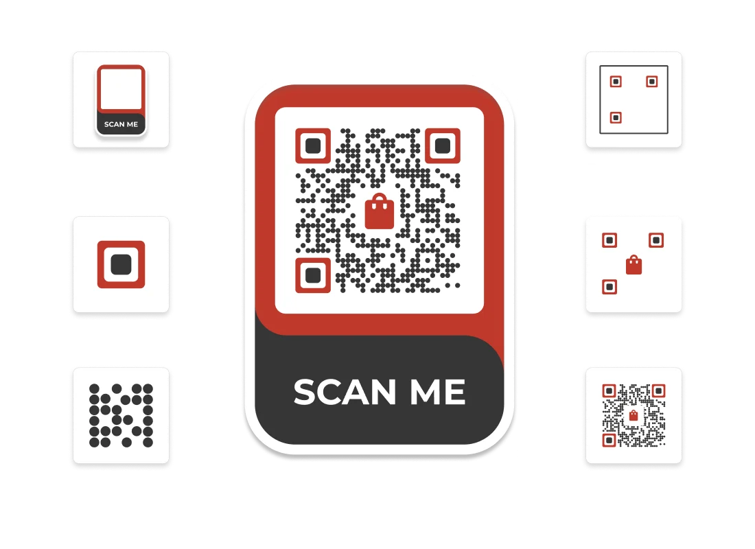 Scanova QR Code customization options showing frame, eye pattern, data pattern, background, logo, and template for retail branding