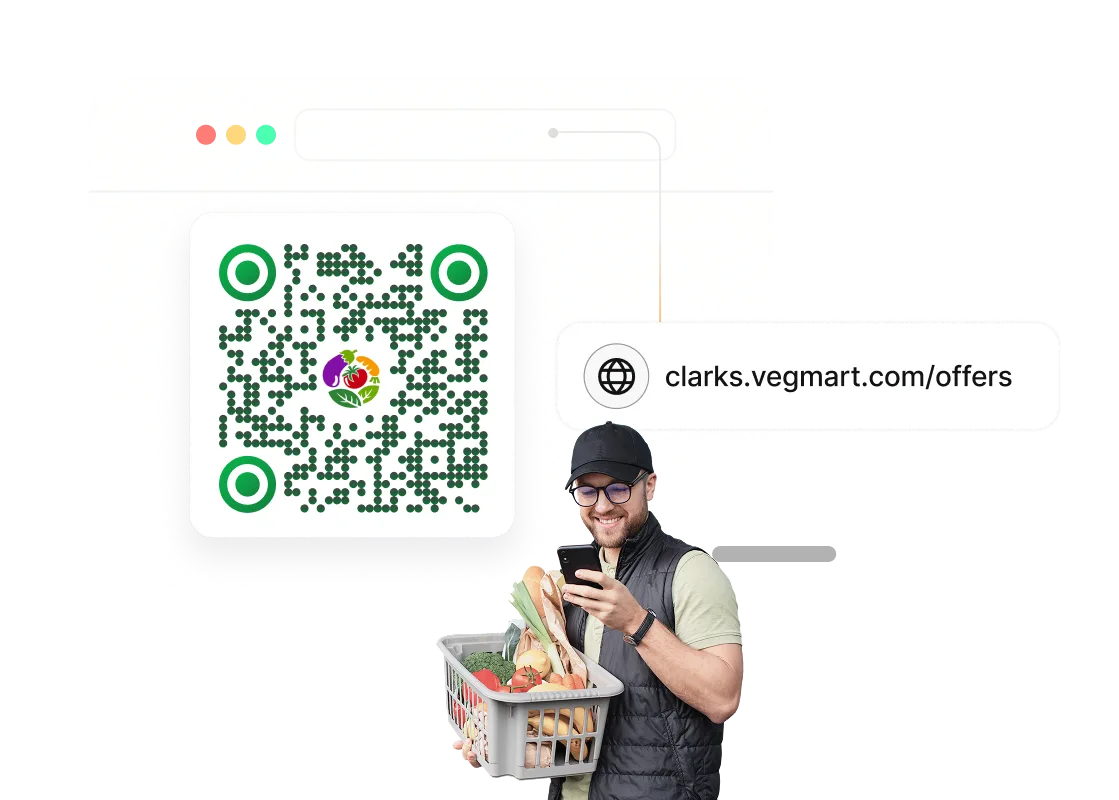 Grocery store QR Code resolving to custom branded domain clarks.vegmart.com via Scanova white labelling service