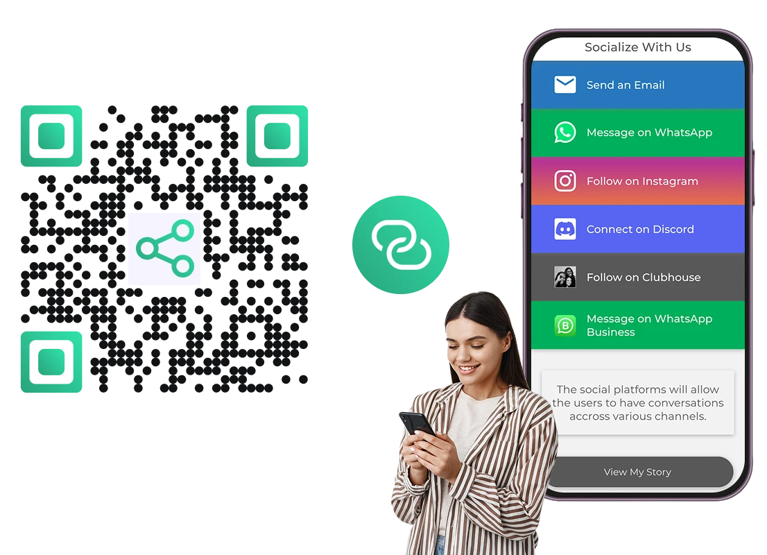A QR Code next to a phone showing a Socialize With Us landing page with links to Email, WhatsApp, Instagram, Discord, and WhatsApp Business