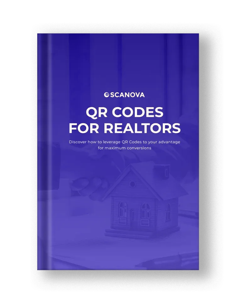Indigo e-book cover titled 'QR Codes for Realtors' with Scanova’s logo, offering tips to close real estate deals faster with QRs