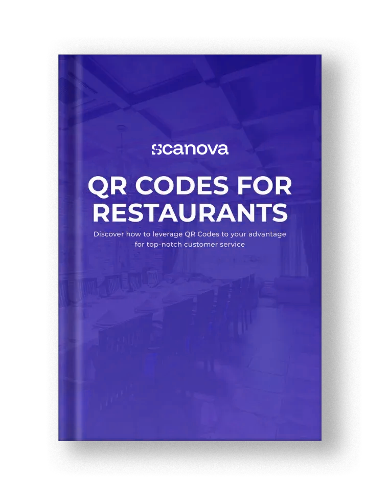 Purple book titled 'QR Codes for Restaurants' with Scanova logo, offering tips on using QR Codes to enhance customer service.