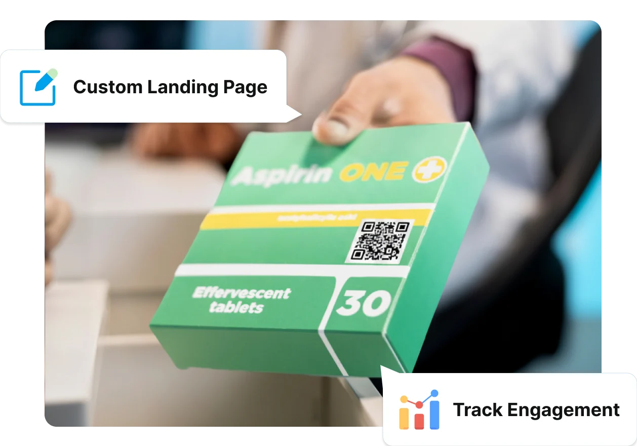 Pharmacist handing Aspirin ONE pack with QR Code linking to custom landing page to track engagement via Scanova