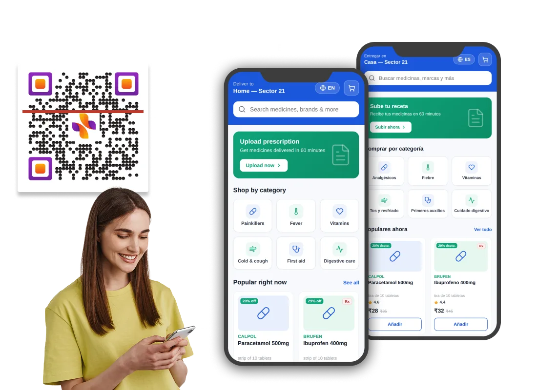 Woman scanning medicine pack QR Code redirected to English or Spanish patient leaflet via Scanova QR Codes' conditional redirection