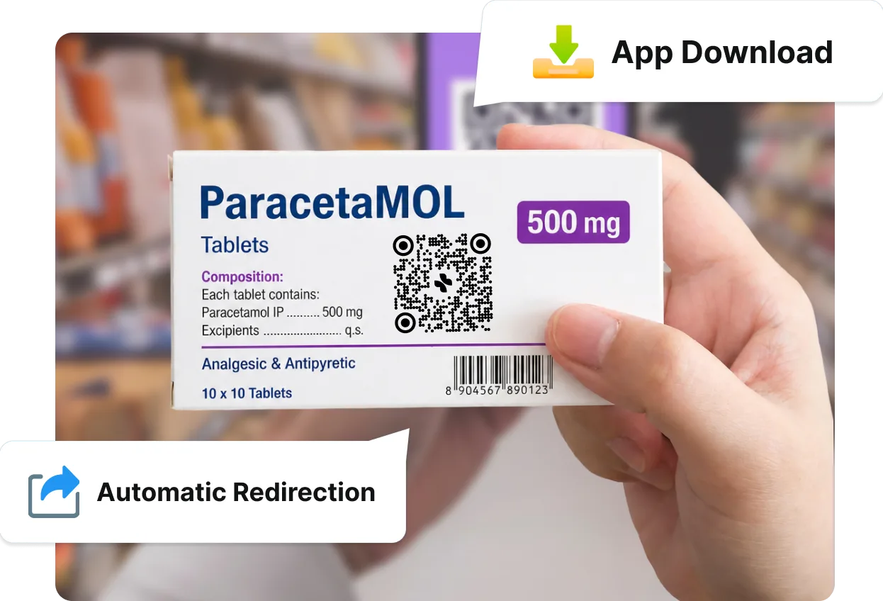 Paracetamol pack with Scanova App Store QR Code leading to Google Play or iOS App Store